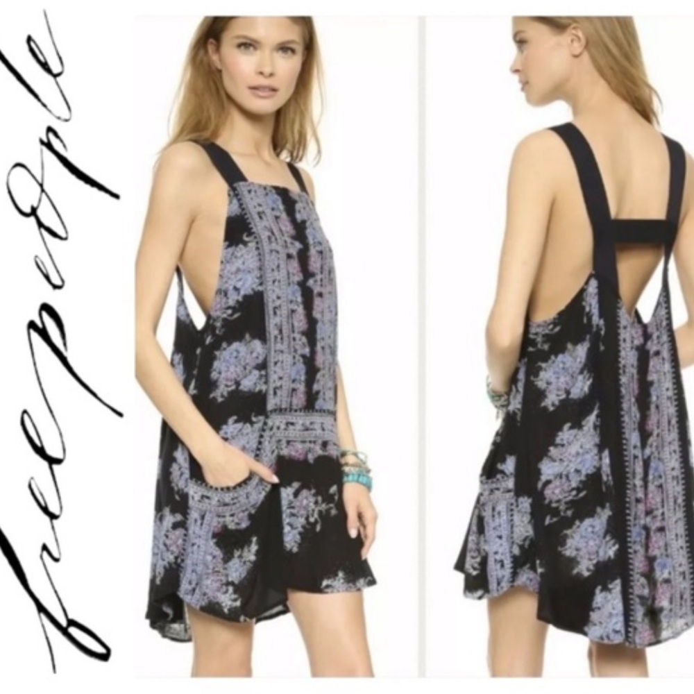 New Free People XS Blue Paradise Song Flowy Mini Dress with Pockets